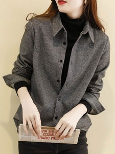 灰色磨毛格子衬衫女士2024春秋季新款韩版洋气长袖Polo领衬衣外套