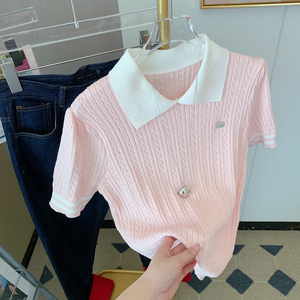 杭州四季青十三行女装小香风上衣短款法式甜美娃娃领短袖针织T恤