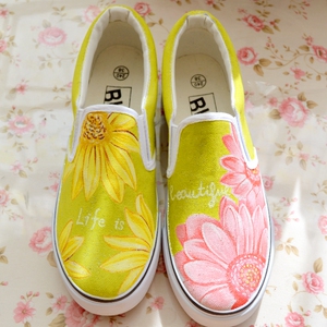 秋季小女生唯美好看浅口手绘鞋子黄绿色向日葵花图案一脚蹬帆布鞋