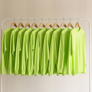 秋季新款荧光绿 浅绿色纯棉长袖打底衫上衣男女bf风纯色T恤宽松潮