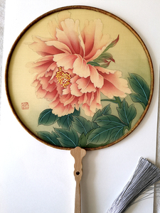 国画 工笔花鸟画 朱红色牡丹花纯手绘制 绢扇 宫扇 装饰画 扇面