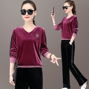 金丝绒套装女时尚2021新款春秋季洋气潮流圆领长袖运动休闲两件套