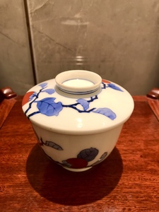 日本进口柿右卫门浊手柿子画片茶杯摆件昭和时期日式功夫茶盖碗