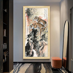 老虎挂画猛虎下山玄关镇宅风水壁画酒店上山虎中式卧虎客厅装饰画