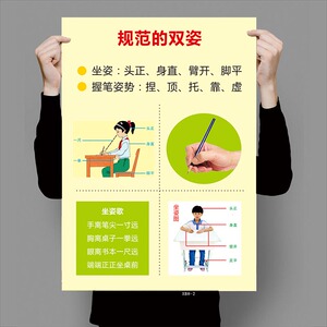 正确写字姿势小学生练字标准坐姿执笔姿势防水海报纸辅导班墙贴画