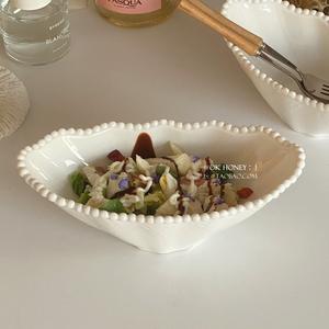 ins风轻奢纯色珠点波浪边陶瓷沙拉碗高颜值早餐盘精致家用高级感