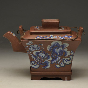 怡趣荆溪堂 清代粉彩四方壶300cc名家宜兴全手工正品老紫砂茶壶