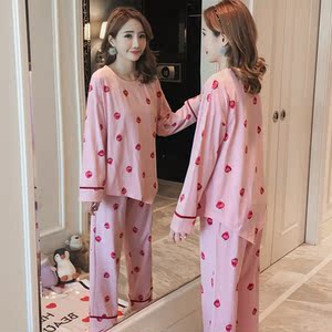 可外穿睡衣女士春秋季长袖清新可爱大码韩版学生纯棉家居服两件套