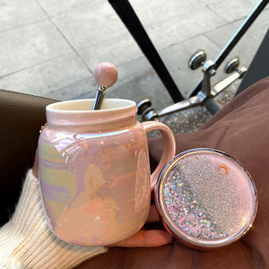 轻奢创意流沙盖马克杯粉嫩少女心学生星空带盖陶瓷水杯超萌咖啡杯