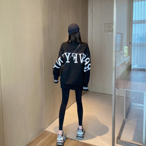 下衣失踪卫衣女加绒加厚黑色宽松韩版无帽圆领chic港味大款盖屁股