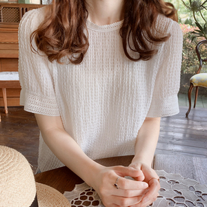 雪纺衫女短袖2024新款夏季宽松白色t恤短款韩版洋气小衫蕾丝上衣