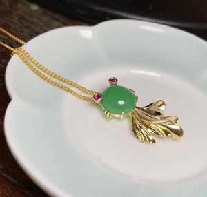 有鱼~翡翠金鱼 项链胸针两用 18k金镶嵌