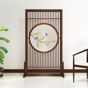 屏风栅栏带圆刺绣座屏客厅卧室实木屏风新中式玄关入户装饰隔断