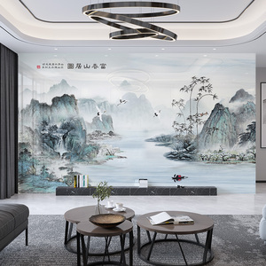 新中式山水画电视背景墙板富水山居图装饰画客厅影视墙沙发护墙板