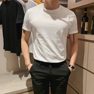 纯棉短袖男t恤冰丝圆领上衣夏季韩版修身纯色半袖百搭白色打底衫