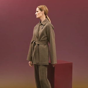 hermes爱马仕女士短款裹身大衣新款h2h0129欧洲代购腰带羊绒外套