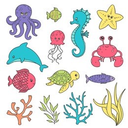 可爱卡通海洋生物动物鱼类图案儿童插画背景图片eps矢量设计素材