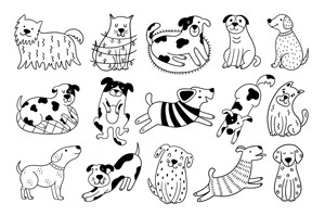 卡通可爱狗涂鸦宠物黑白狗手绘黑白稿矢量图案插画元素ai文件素材