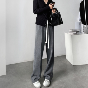 灰色阔腿裤女秋冬新款高腰宽松运动休闲裤子垂感针织拖地直筒长裤