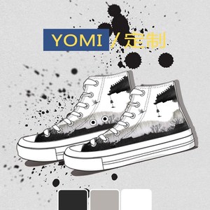 自绘原创水墨中国风潮涂鸦帆布鞋女百搭高帮小众休闲手绘设计板鞋