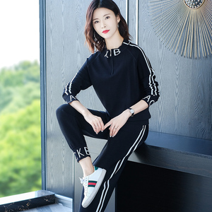 时尚立领冰丝针织运动套装女士春夏新款条纹显瘦运动服休闲两件套