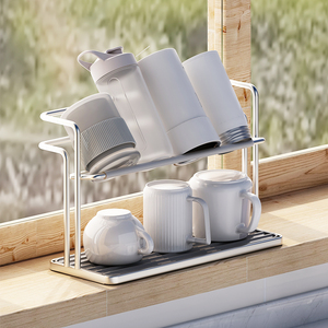厨房不锈钢杯架窗台双层水杯茶杯茶具收纳架沥水盘杯子收纳置物架