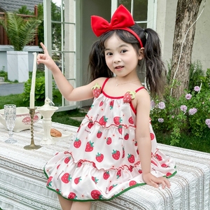 女童吊带裙2024年春夏新款可爱甜美草莓儿童女宝宝韩版蛋糕连衣裙