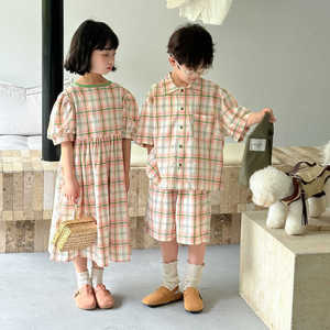 韩国儿童兄妹装夏款洋气格子男童衬衫短裤套装女童连衣裙度假姐弟