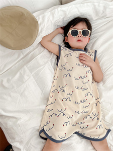 宝宝夏季无袖睡裙韩版儿童卡通连体睡袋纯棉男女童空调房护肚睡衣