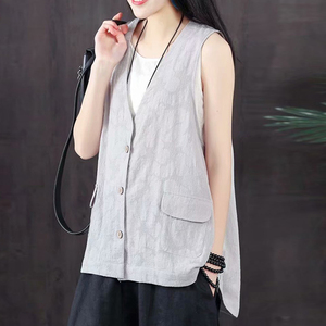 亚麻韩版中长款休闲马甲夏天外穿薄款女2019棉麻夏季上衣短款外套