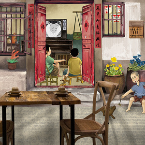 80年代童年回忆墙纸70年代农家乐老房子火锅饭店壁纸复古怀旧壁画