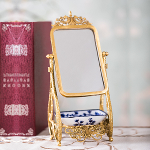 欧式复古铜镜仿古台式镜子奢华梳妆台化妆镜古风家用装饰品摆件