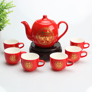 结婚茶具套装婚礼盒喜庆红色陪嫁礼品中式陶瓷敬茶杯茶壶带把托盘