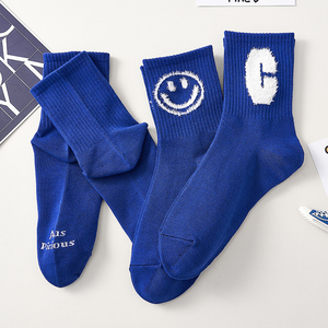 克莱因蓝袜子女夏季薄款韩国ins蓝色中筒袜纯棉男潮外穿运动长袜