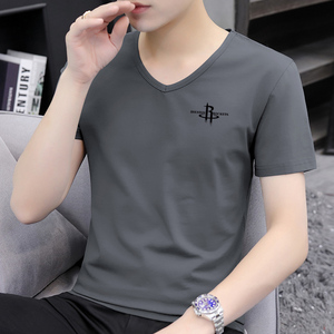 纯棉v字领短袖t恤男青年潮牌纯色薄款休闲上衣夏季男装半截袖短衫