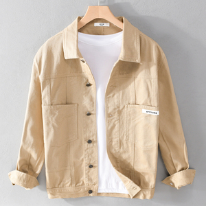 春秋款卡其色夹克外套男青年宽松休闲工装上衣纯棉布褂子外衣服潮