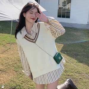条纹衬衫女秋冬新款设计感小众内搭衬衣配毛针织马甲背心长袖上衣