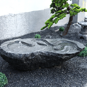 日式石钵黑山石水钵盆庭院流水景观禅意摆件新中式户外养鱼池石盆