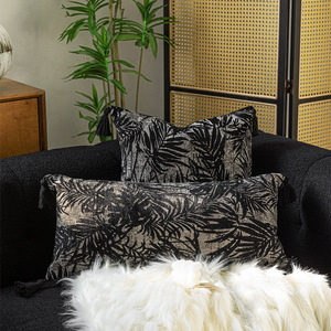 中古风法式抱枕沙发客厅长条形腰枕黑色提花靠枕套酒店样板间靠垫
