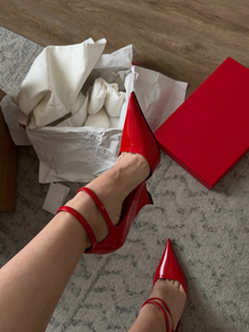 2024新款红色漆皮高跟鞋欧美坡跟尖头浅口单鞋一字带法式女士凉鞋