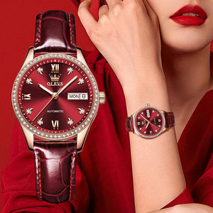2021年新款瑞士小众手表女士全自动机械表红色皮带名牌女表防水