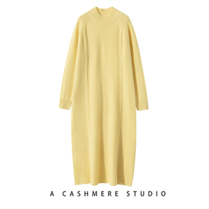 鹅黄色羊绒衫女长款100纯羊绒针织连衣裙麻花加厚宽松套头打底裙