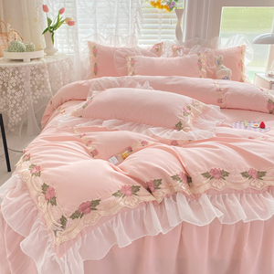 韩式四件套床单高级感全棉纯棉雪纺刺绣被套床裙款公主风床上用品
