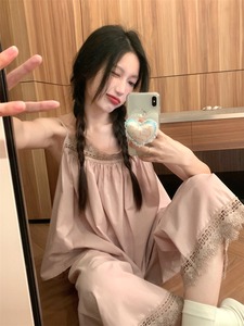 吊带睡衣女夏季长裤韩版性感甜美蕾丝法式全棉布家居服两件套装天