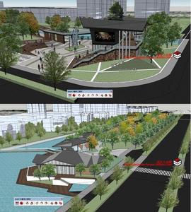 现代滨水公园折面长廊架SU模型 滨江带状公园绿地sketchup模型