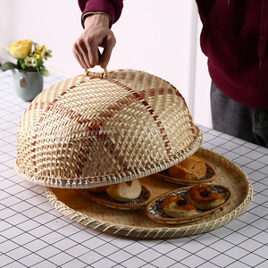 竹制品手工编织菜罩防虫筐创意家居面包筐晾晒竹扁圆形带盖餐桌罩