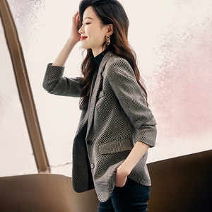 canary kiss灰色人字纹西装外套女春秋气质英伦风休闲小西服上衣