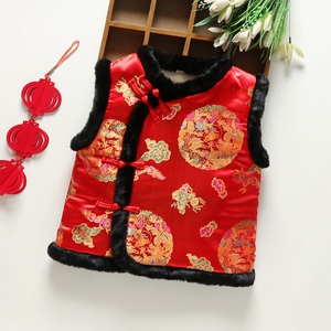 儿童唐装马甲宝宝民族红马甲女童毛领加厚背心过年装亲子拜年个月