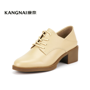康奈女鞋2021秋新11316029圆头系带真皮英伦休闲粗跟牛皮女士单鞋