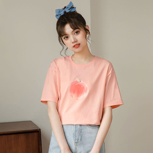 帛卡琪2022新款可爱甜美粉色t恤女短袖宽松设计感小众上衣夏